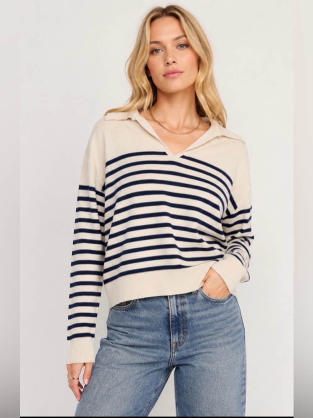 Truth by Republic | Striped V-Neck Polo Sweater in Cream & Navy